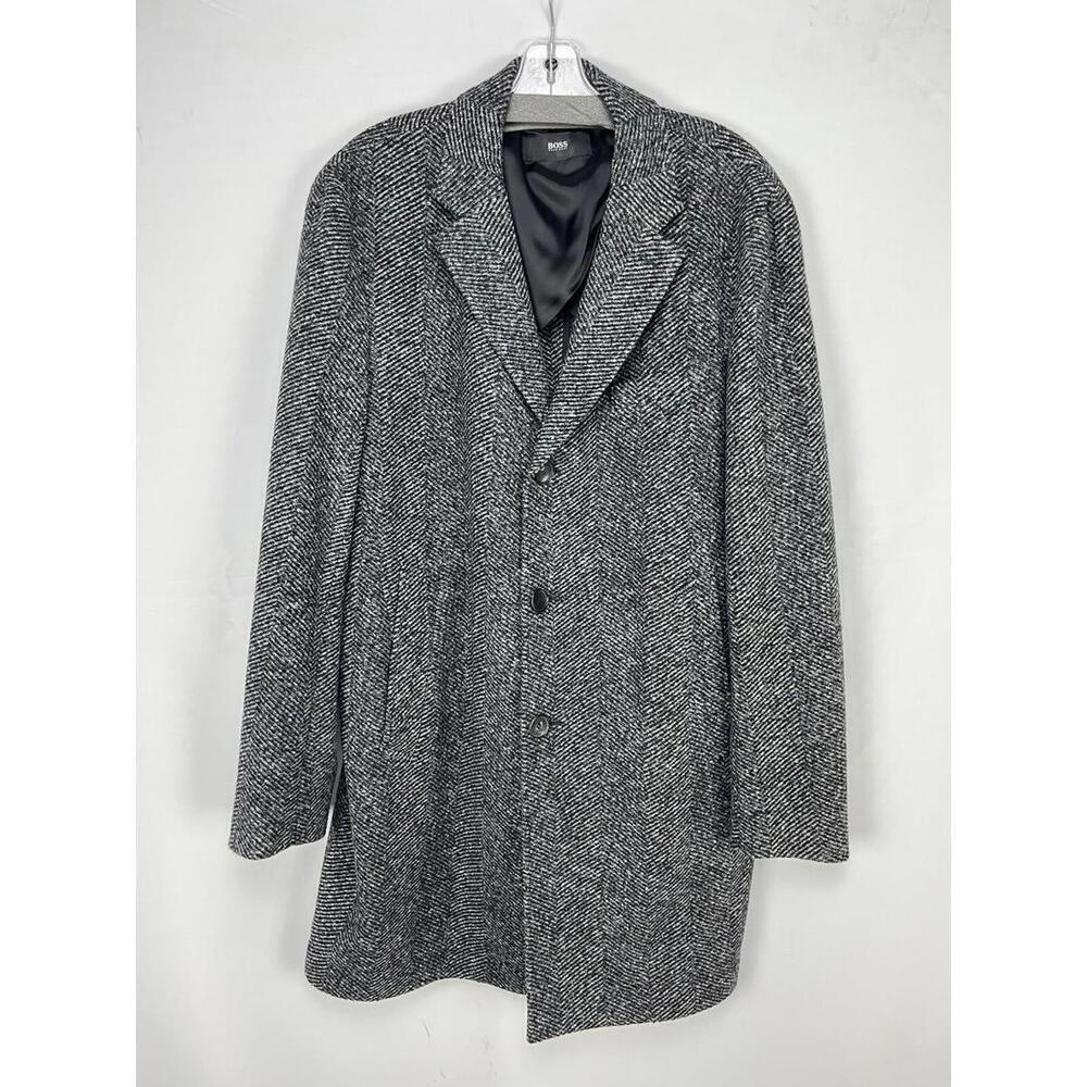 Hugo Boss Grey Fishbone Single-Breasted Overcoat Size 40 R US 50 R EU